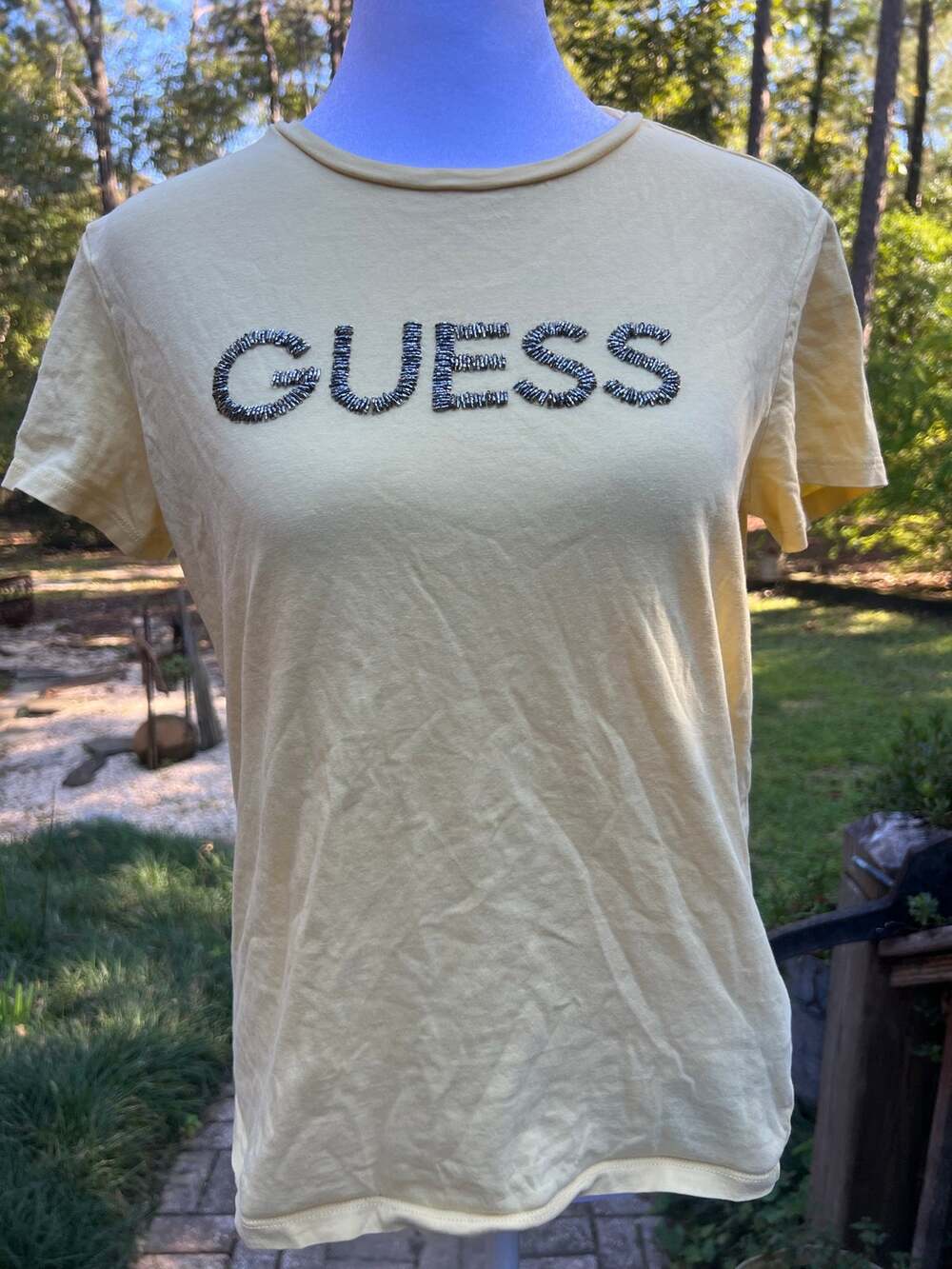 Guess L Yellow Tight Tee with Bedazzled Beaded Lettering